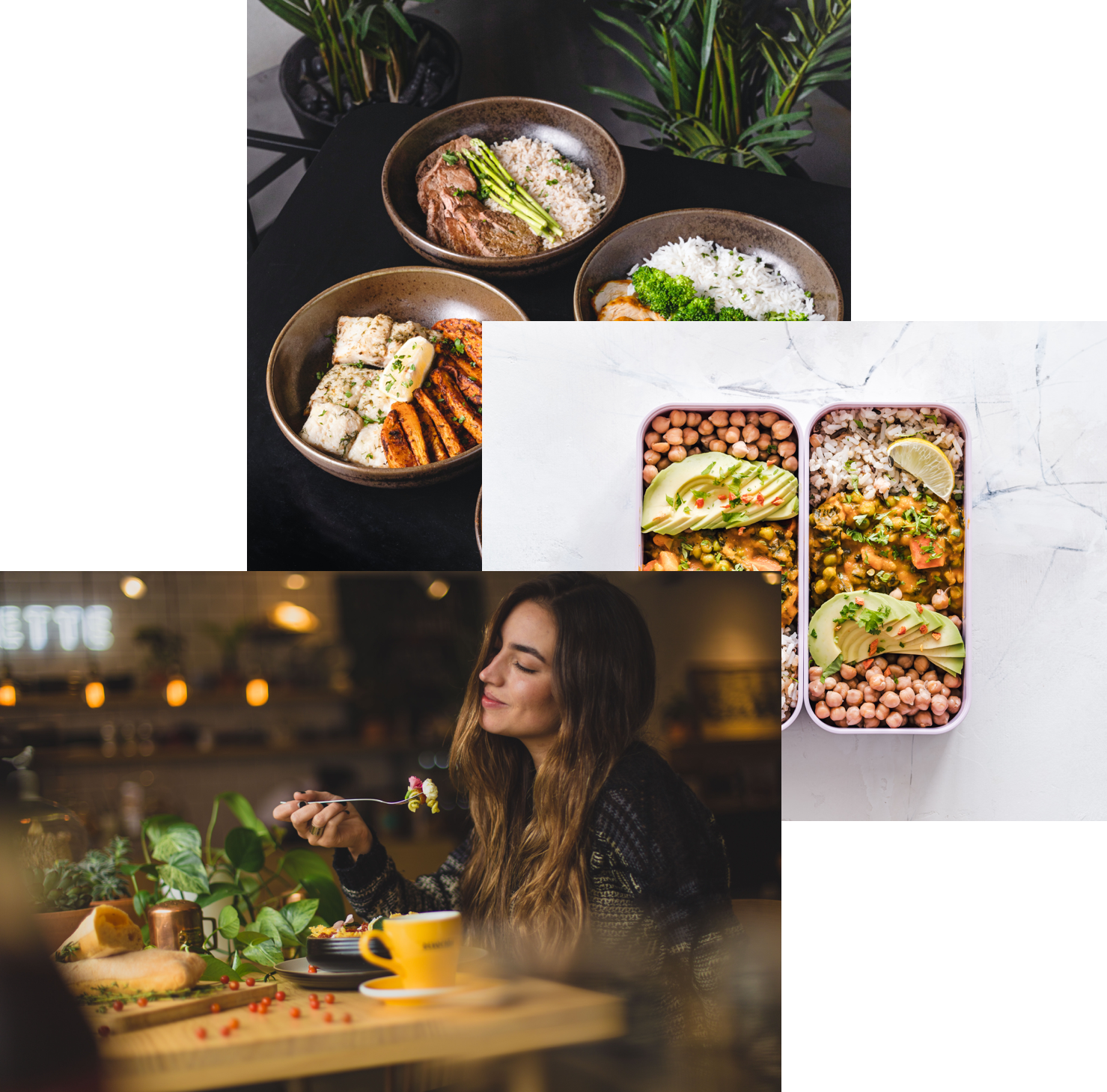 Woman enjoying food, meals in storage container, and food bowls on table